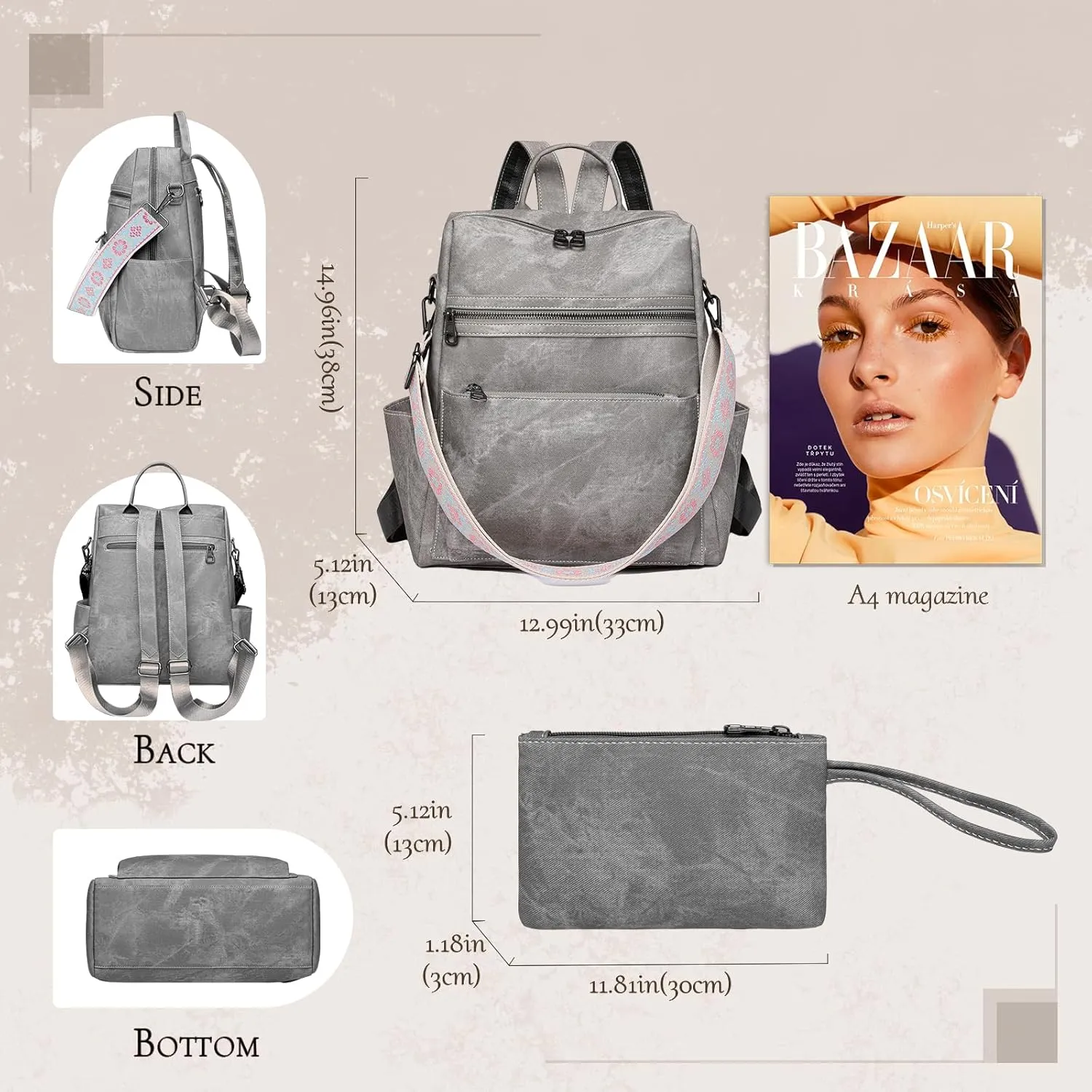 Backpack Purse for Women, Waterproof PU Leather Back pack, Anti-Theft Women Backpack, Lightweight Fashion Multipurpose Purse Shoulder Bag Handbag, Grey