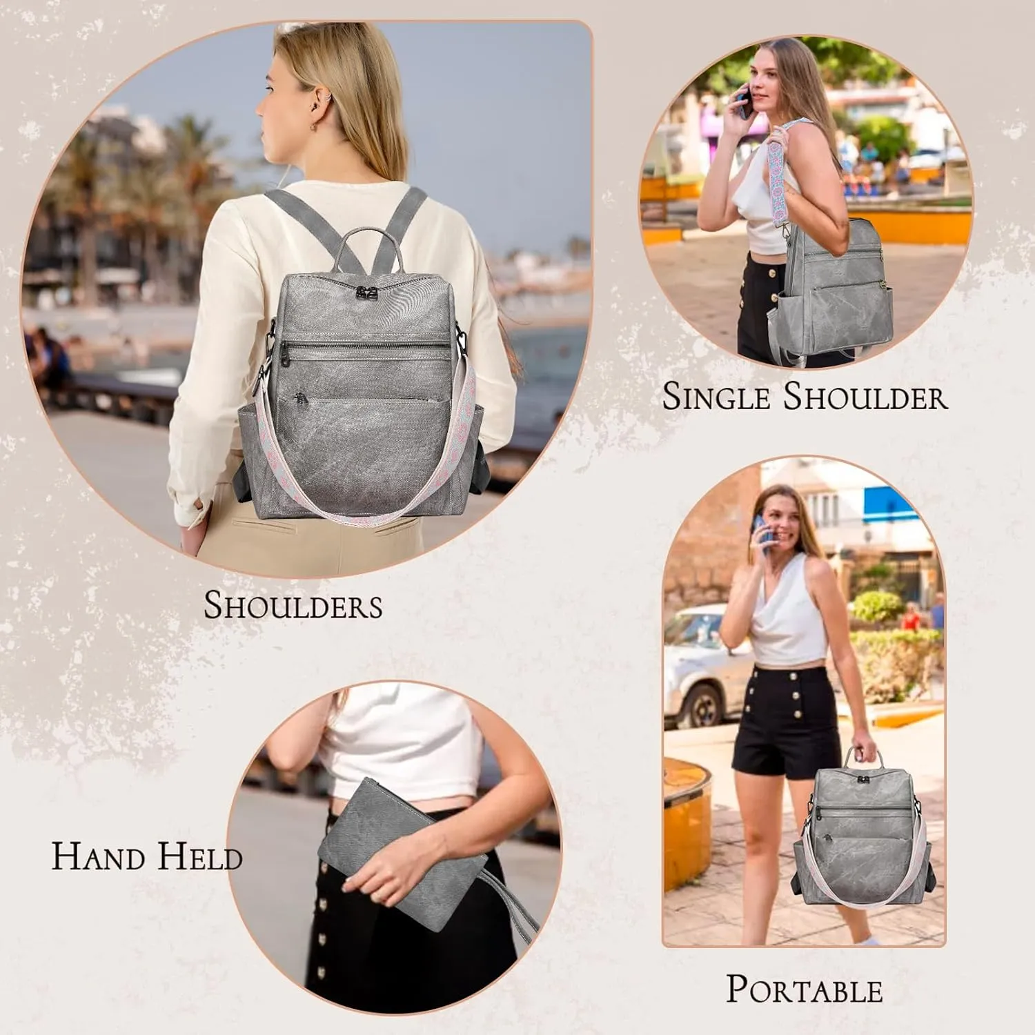 Backpack Purse for Women, Waterproof PU Leather Back pack, Anti-Theft Women Backpack, Lightweight Fashion Multipurpose Purse Shoulder Bag Handbag, Grey