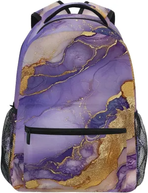 Backpacks for Men and Women Waterproof School Book Bag with Chest Strap for Travel Trip Marble Gold Purple