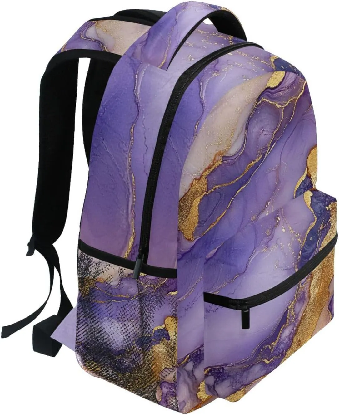 Backpacks for Men and Women Waterproof School Book Bag with Chest Strap for Travel Trip Marble Gold Purple