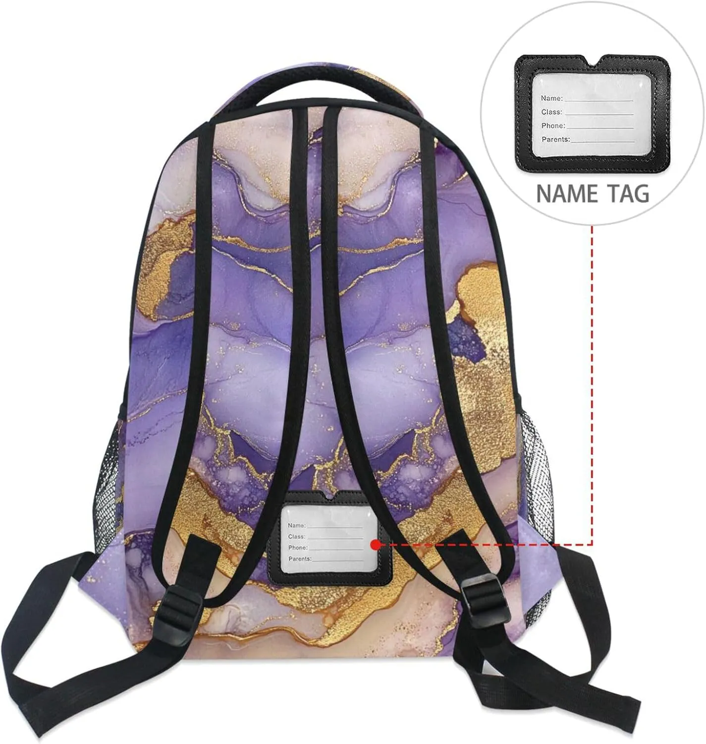 Backpacks for Men and Women Waterproof School Book Bag with Chest Strap for Travel Trip Marble Gold Purple