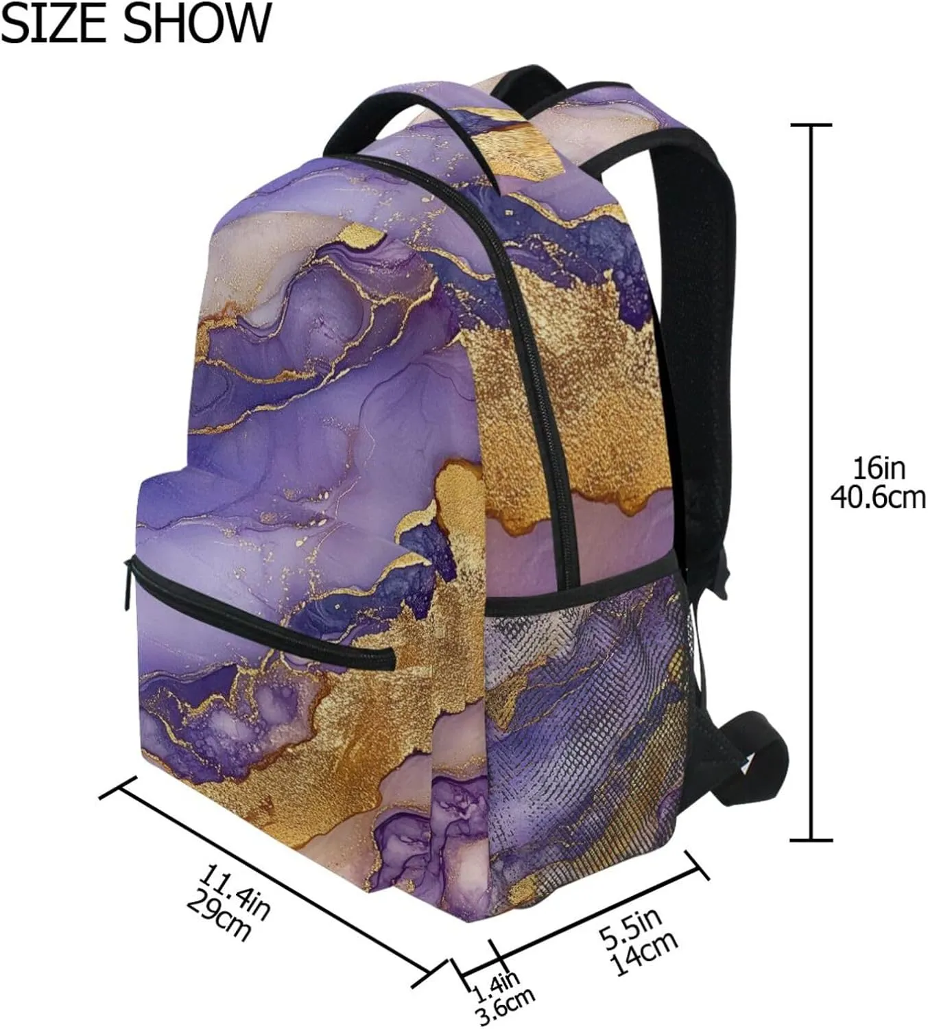 Backpacks for Men and Women Waterproof School Book Bag with Chest Strap for Travel Trip Marble Gold Purple