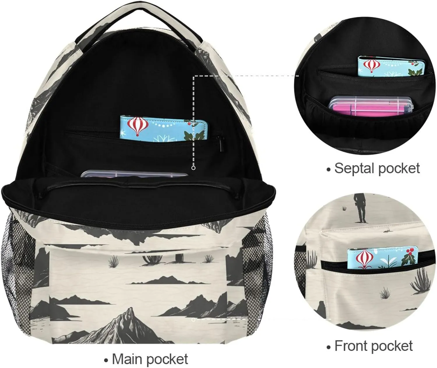 Backpacks for Teens Boys Girls Fashion Personal Backpack with Chest Strap for Travel Trip Western Cowboy Boho Cactus Cowboy Mountains