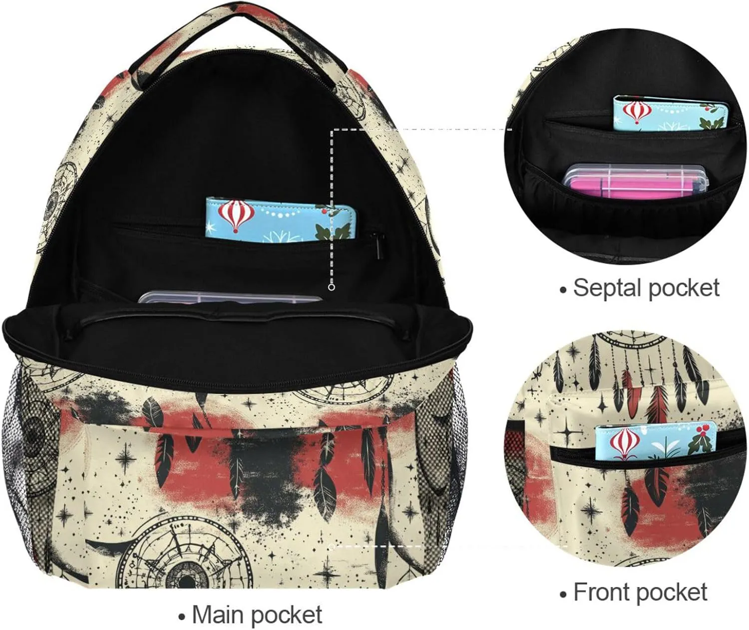 Backpacks for Teens Boys Girls Waterproof Diaper Bag Backpack with Chest Strap for College Work Western Cowboy Star Dream Catcher Tribal Star Tribal Yellow Moon Sunset Black and Red