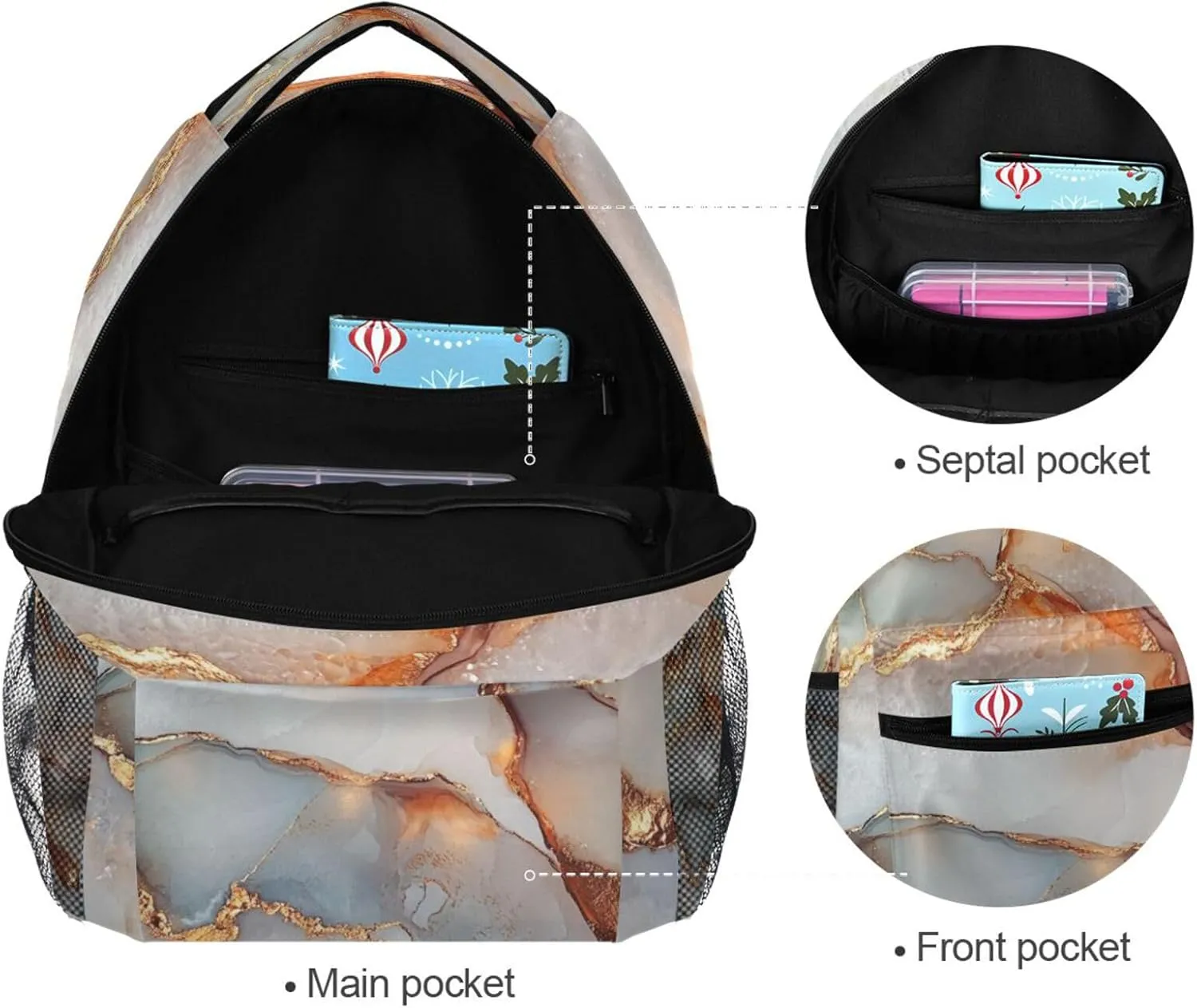 Backpacks for Unisex Adult Waterproof Carry On Backpacks with Chest Strap for Business Work College Travel Trip Marble White Rose Gold