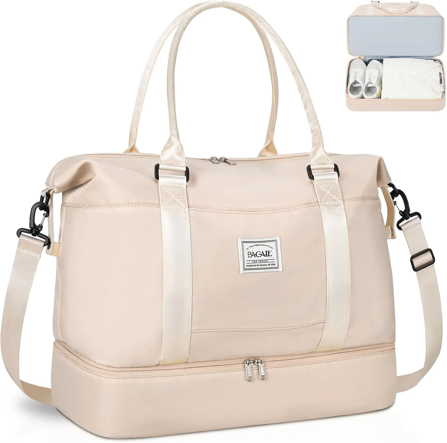 BAGAIL Travel Duffel Bag - Weekender & Overnight Gym Carry On Tote with Wet Pocket - Hospital Mom Bag for Labor and Delivery - Extra Large, Beige