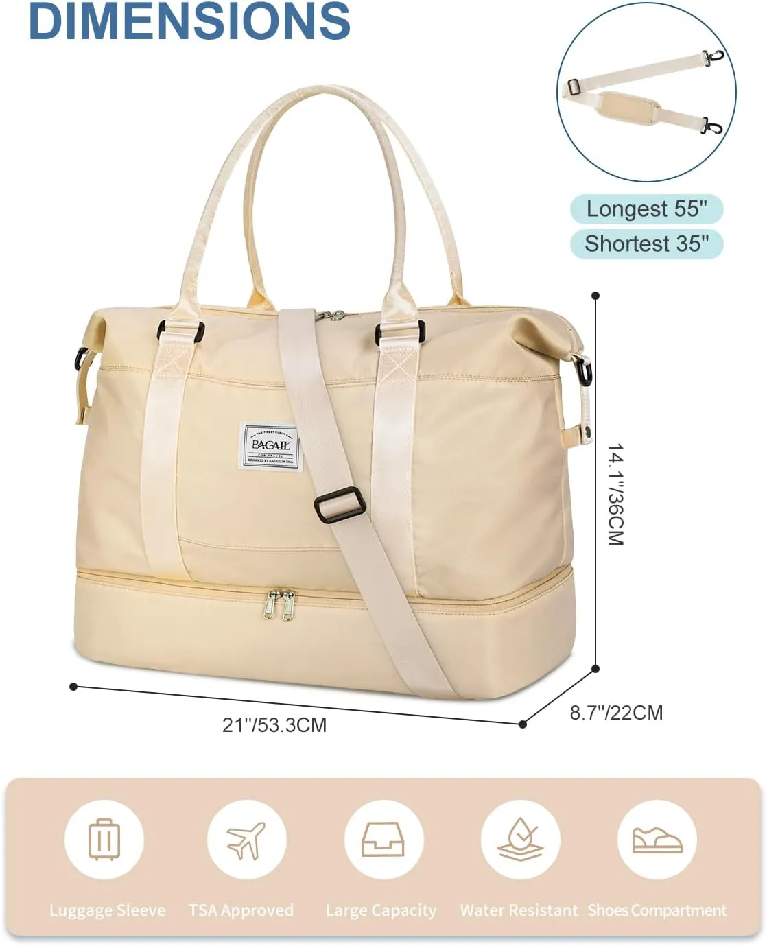 BAGAIL Travel Duffel Bag - Weekender & Overnight Gym Carry On Tote with Wet Pocket - Hospital Mom Bag for Labor and Delivery - Extra Large, Beige