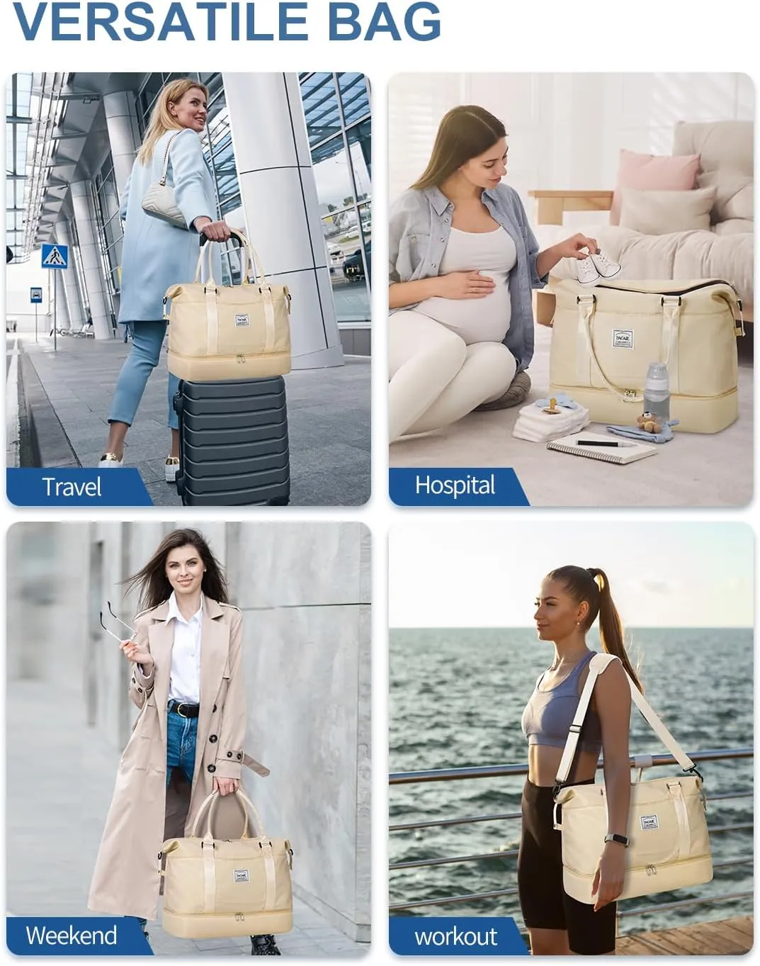 BAGAIL Travel Duffel Bag - Weekender & Overnight Gym Carry On Tote with Wet Pocket - Hospital Mom Bag for Labor and Delivery - Extra Large, Beige