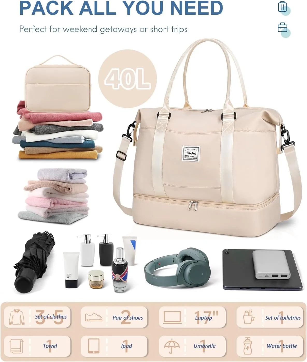 BAGAIL Travel Duffel Bag - Weekender & Overnight Gym Carry On Tote with Wet Pocket - Hospital Mom Bag for Labor and Delivery - Extra Large, Beige
