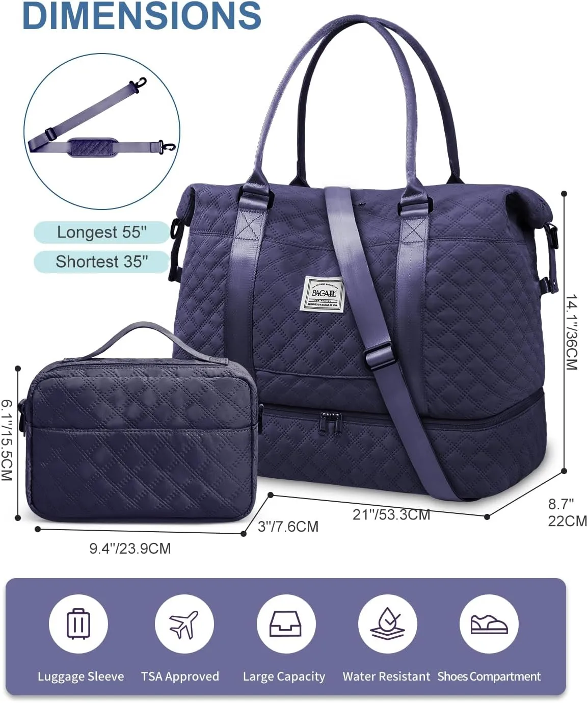 BAGAIL Travel Duffel Bag, Weekender Bags for Women, Overnight Gym Carry On Tote Bag with Wet Pocket, Hospital Mom Bag for Labor and Delivery - Extra Large Set, Grid-Navy Blue