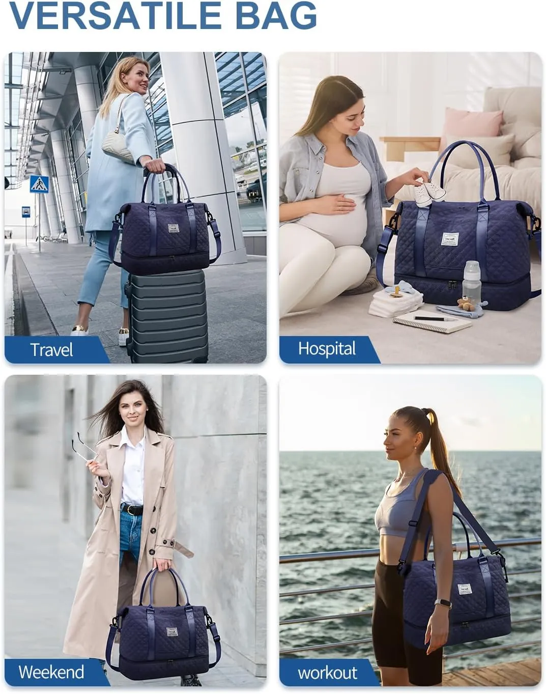 BAGAIL Travel Duffel Bag, Weekender Bags for Women, Overnight Gym Carry On Tote Bag with Wet Pocket, Hospital Mom Bag for Labor and Delivery - Extra Large Set, Grid-Navy Blue