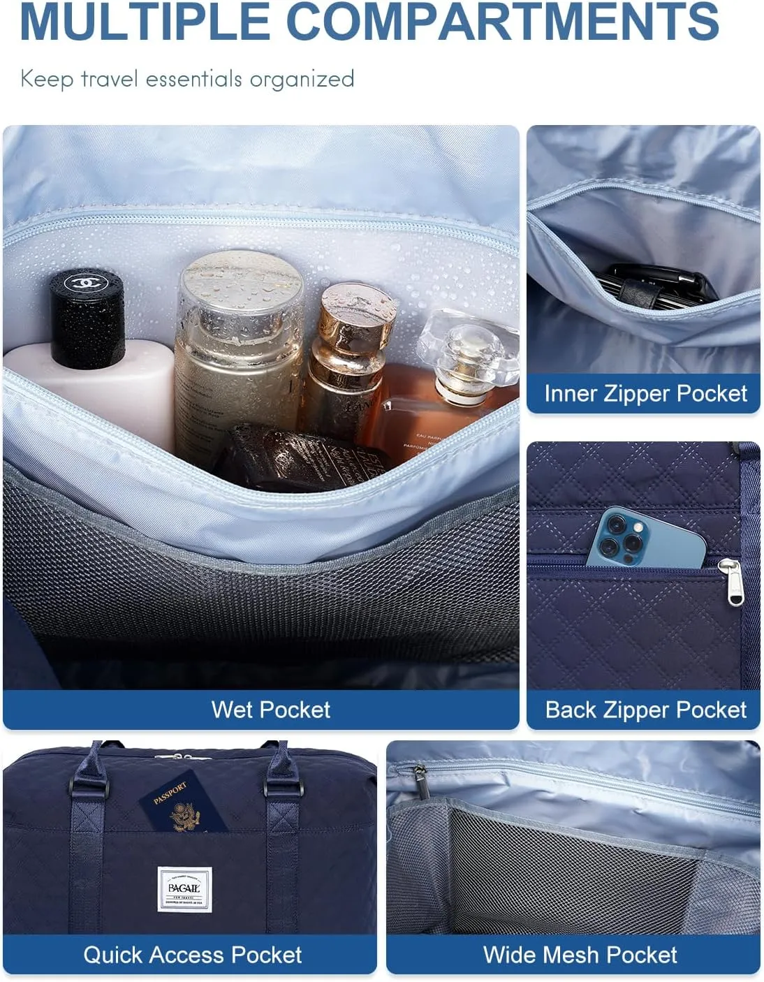 BAGAIL Travel Duffel Bag, Weekender Bags for Women, Overnight Gym Carry On Tote Bag with Wet Pocket, Hospital Mom Bag for Labor and Delivery - Extra Large Set, Grid-Navy Blue