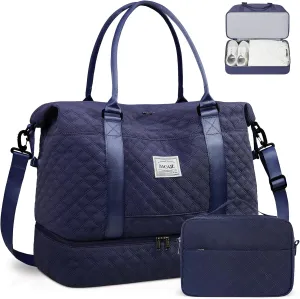 BAGAIL Travel Duffel Bag, Weekender Bags for Women, Overnight Gym Carry On Tote Bag with Wet Pocket, Hospital Mom Bag for Labor and Delivery - Extra Large Set, Grid-Navy Blue