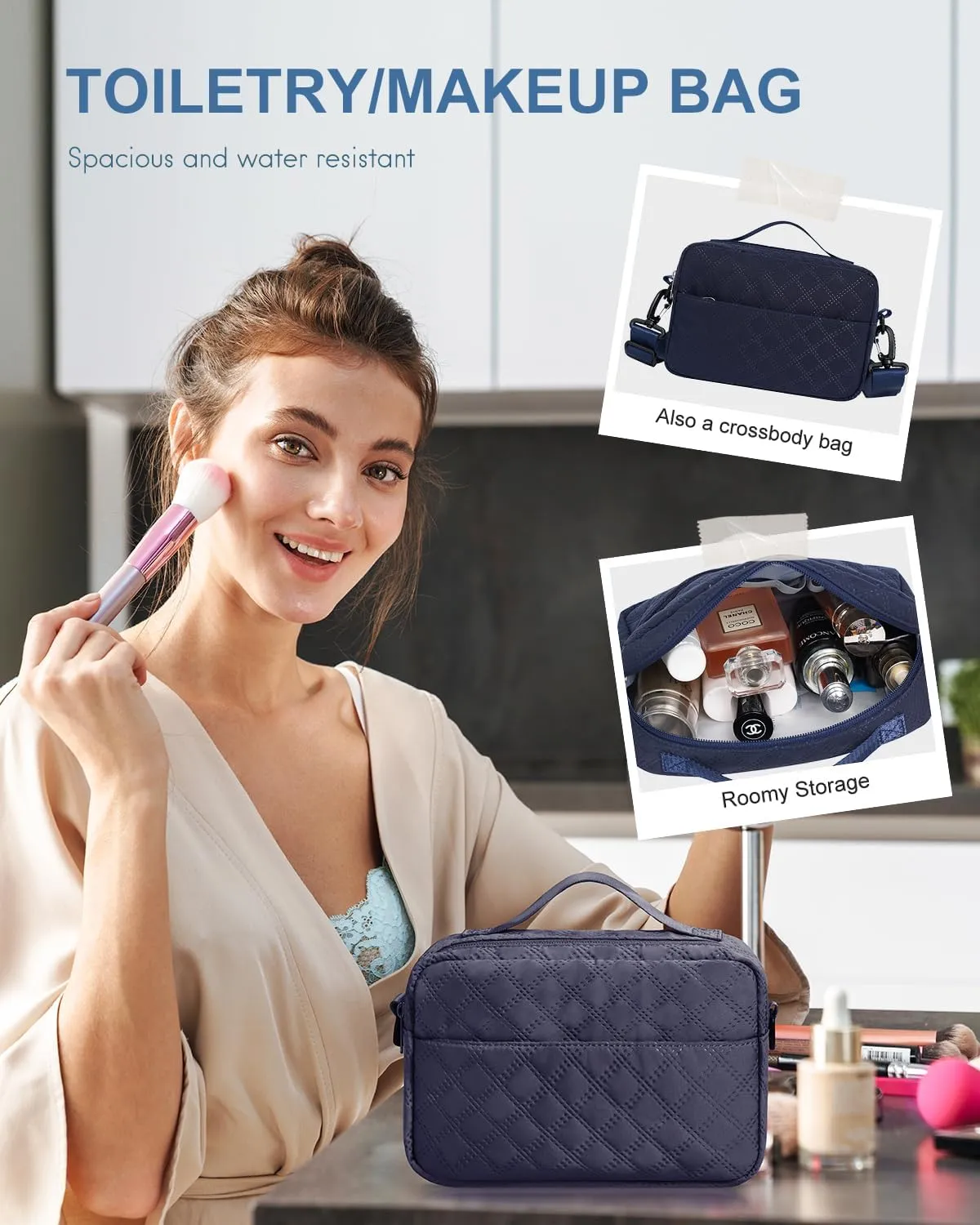 BAGAIL Travel Duffel Bag, Weekender Bags for Women, Overnight Gym Carry On Tote Bag with Wet Pocket, Hospital Mom Bag for Labor and Delivery - Extra Large Set, Grid-Navy Blue