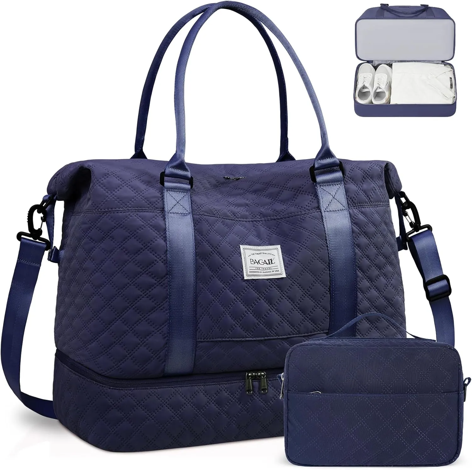 BAGAIL Travel Duffel Bag, Weekender Bags for Women, Overnight Gym Carry On Tote Bag with Wet Pocket, Hospital Mom Bag for Labor and Delivery - Extra Large Set, Grid-Navy Blue