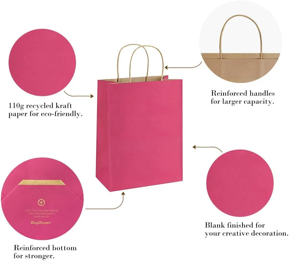 BagDream 25Pcs Hot Pink Gift Bags 8x4.25x10.5 Kraft Paper Gift Bags with Handles for Shopping, Small Business, Retail Merchandise Grocery, Birthday Party Favor, Medium Pink Paper Sacks