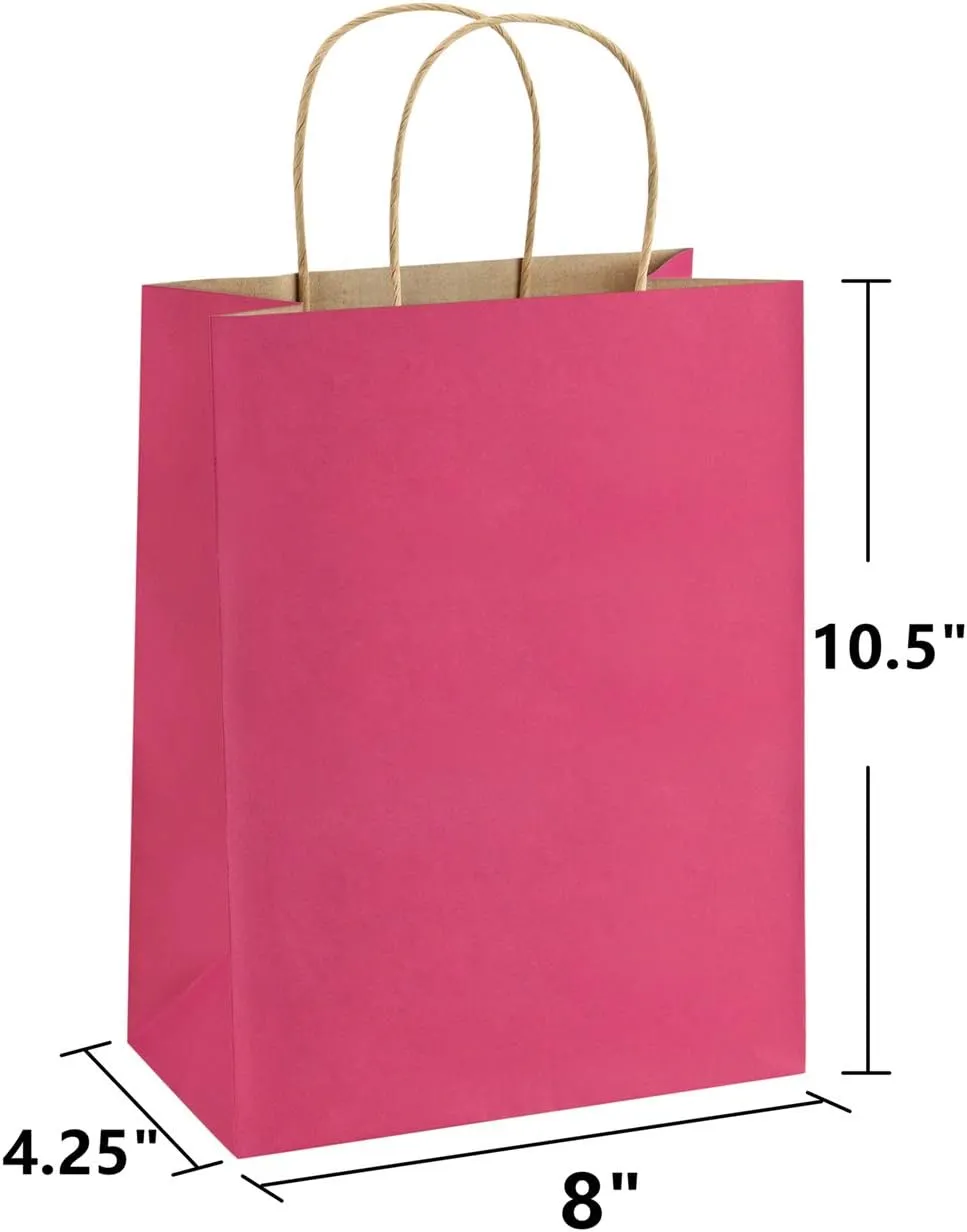 BagDream 25Pcs Hot Pink Gift Bags 8x4.25x10.5 Kraft Paper Gift Bags with Handles for Shopping, Small Business, Retail Merchandise Grocery, Birthday Party Favor, Medium Pink Paper Sacks