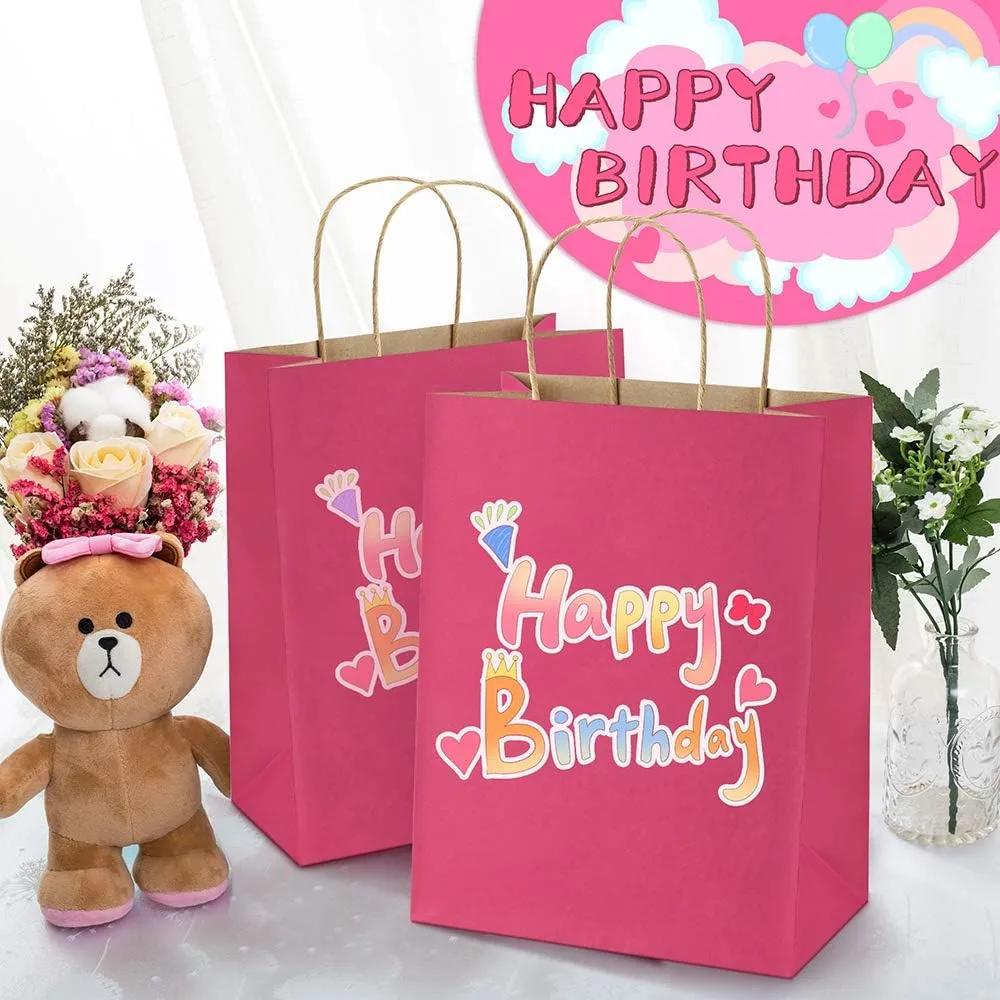 BagDream 25Pcs Hot Pink Gift Bags 8x4.25x10.5 Kraft Paper Gift Bags with Handles for Shopping, Small Business, Retail Merchandise Grocery, Birthday Party Favor, Medium Pink Paper Sacks