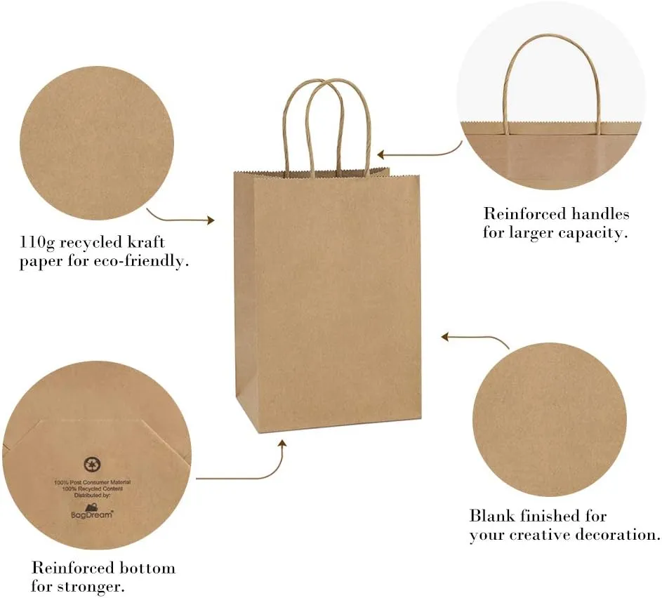 BagDream Gift Bags 100Pcs 5.25x3x8 Small Kraft Paper Gift Bags with Handles Bulk, Brown Paper Sacks for Small Business, Retail, Merchandise, Wedding Birthday Party Favor