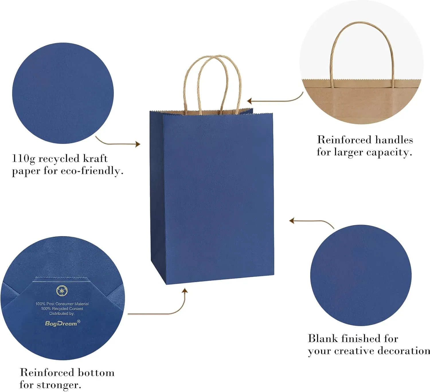 BagDream Small Gift Bags with Handles 50Pcs 5.25x3x8 Inches Kraft Paper Bags Bulk for Party Favor, Retail, Merchandise, Wedding, Gifts, Recyclable Navy Blue Paper Sacks