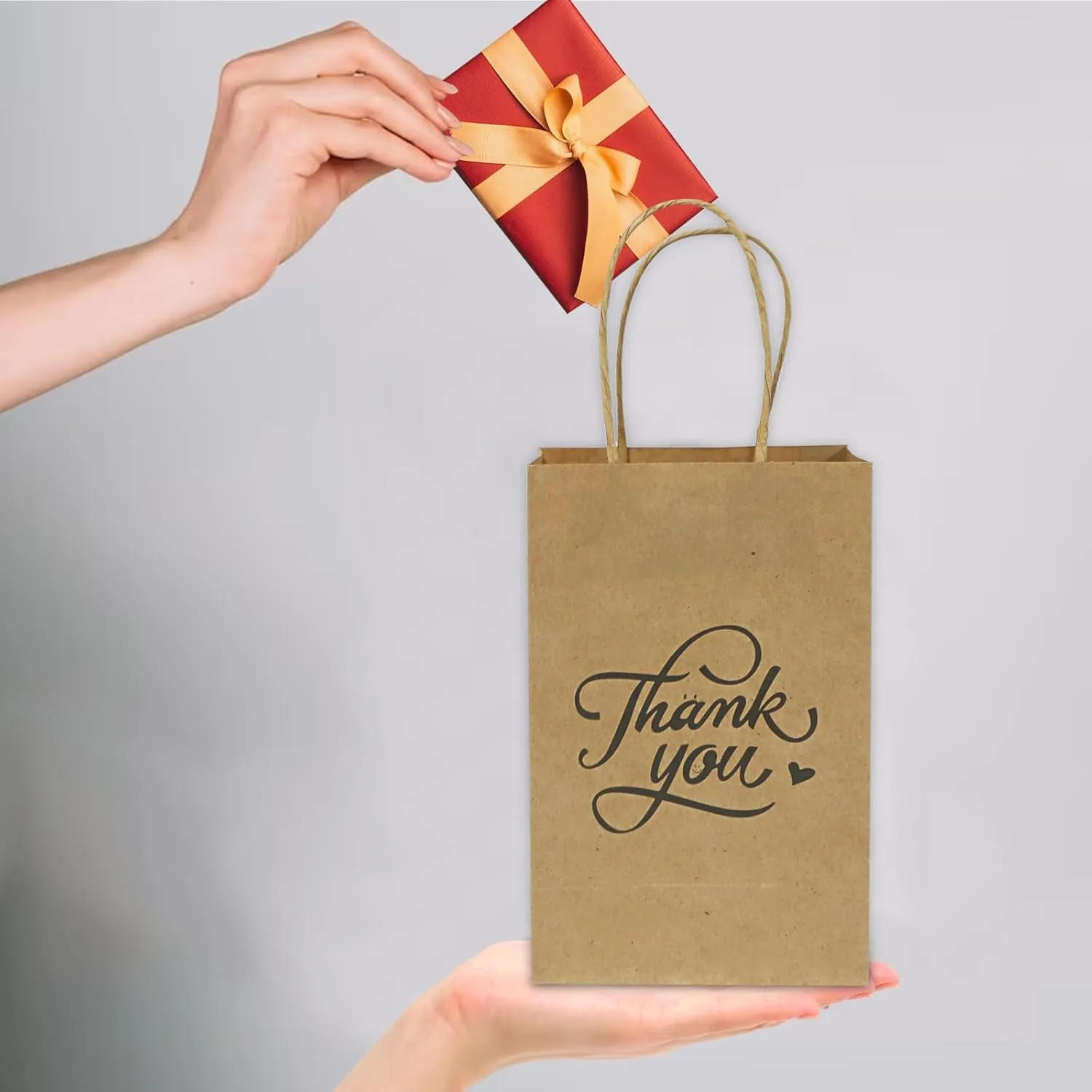 bagmad 100 Pack 5.25x3.25x8 Inch Small Brown Paper Gift Bags with Handles Bulk, Thank You Kraft Paper Bags for Party Favors Grocery Retail Shopping Wedding Craft Cub Sacks (Plain Natural, 100pcs)