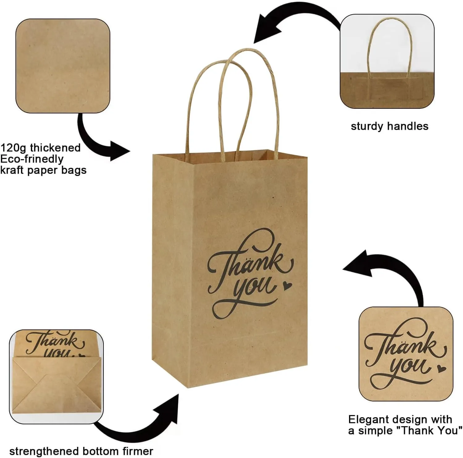 bagmad 100 Pack 5.25x3.25x8 Inch Small Brown Paper Gift Bags with Handles Bulk, Thank You Kraft Paper Bags for Party Favors Grocery Retail Shopping Wedding Craft Cub Sacks (Plain Natural, 100pcs)
