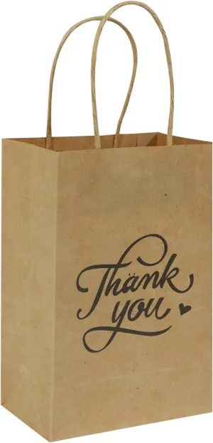 bagmad 100 Pack 5.25x3.25x8 Inch Small Brown Paper Gift Bags with Handles Bulk, Thank You Kraft Paper Bags for Party Favors Grocery Retail Shopping Wedding Craft Cub Sacks (Plain Natural, 100pcs)