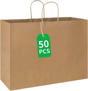 bagmad 50 Pack 16x6x12 Inches Large Plain Natural Brown Kraft Paper Bags with Handles Bulk for Shopping Wedding Grocery Retail Merchandise Business Craft Gift Bags(50 Count)