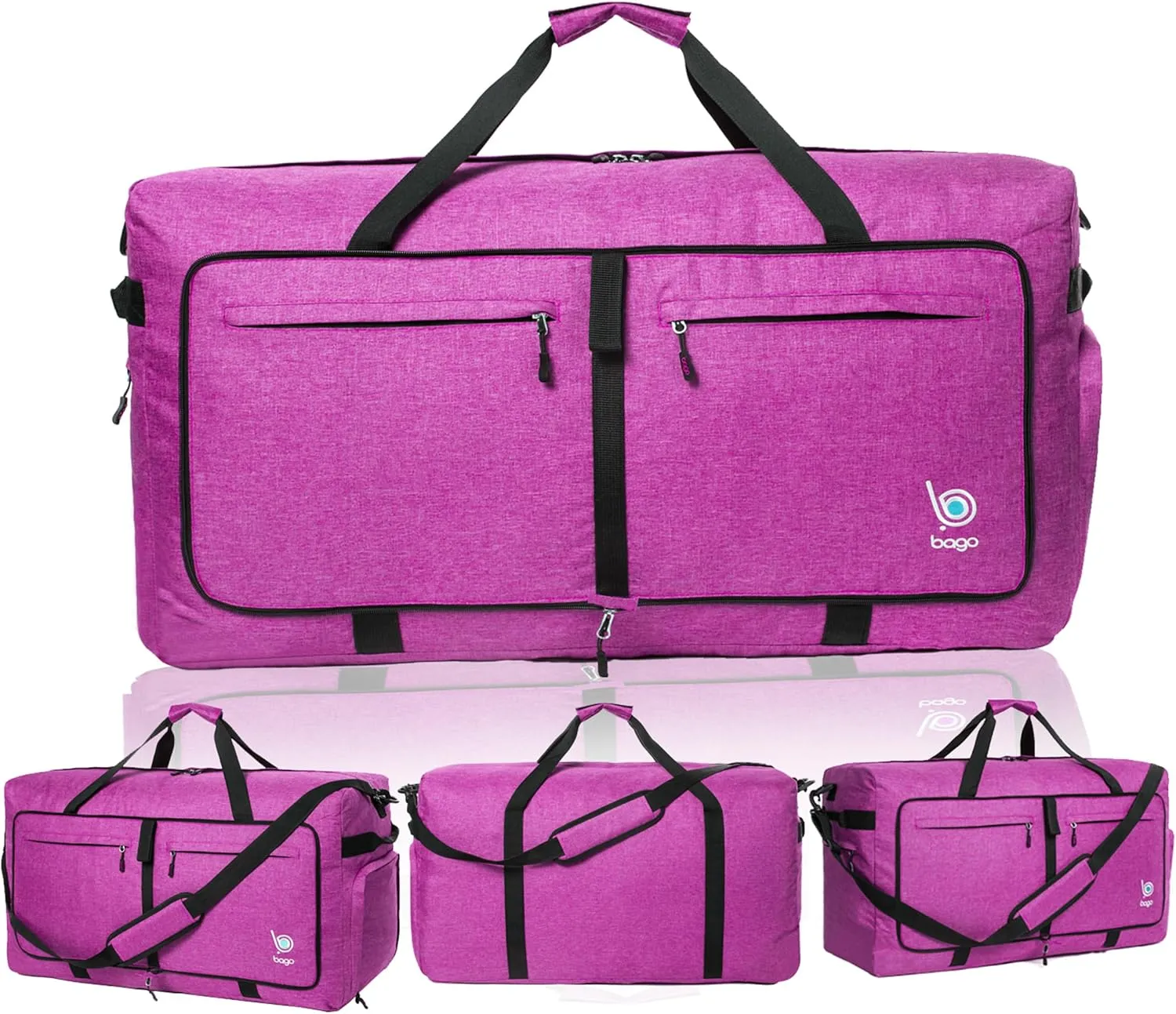 Bago Foldable Duffel Bags for Traveling Women & Men - 60L Medium Packable Duffle Bag for Travel with Shoe Compartment - Water Repellant, Heavy Duty, Lightweight Folding & Collapsible (SnowPink)