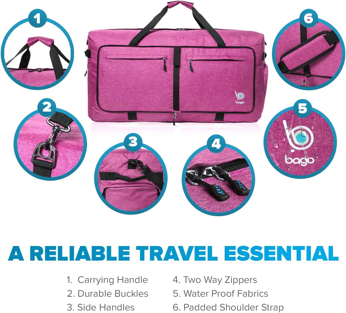 Bago Foldable Duffel Bags for Traveling Women & Men - 60L Medium Packable Duffle Bag for Travel with Shoe Compartment - Water Repellant, Heavy Duty, Lightweight Folding & Collapsible (SnowPink)