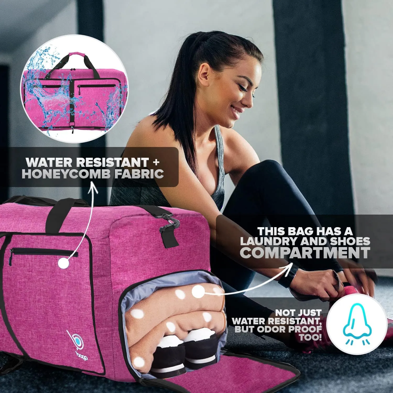 Bago Foldable Duffel Bags for Traveling Women & Men - 60L Medium Packable Duffle Bag for Travel with Shoe Compartment - Water Repellant, Heavy Duty, Lightweight Folding & Collapsible (SnowPink)