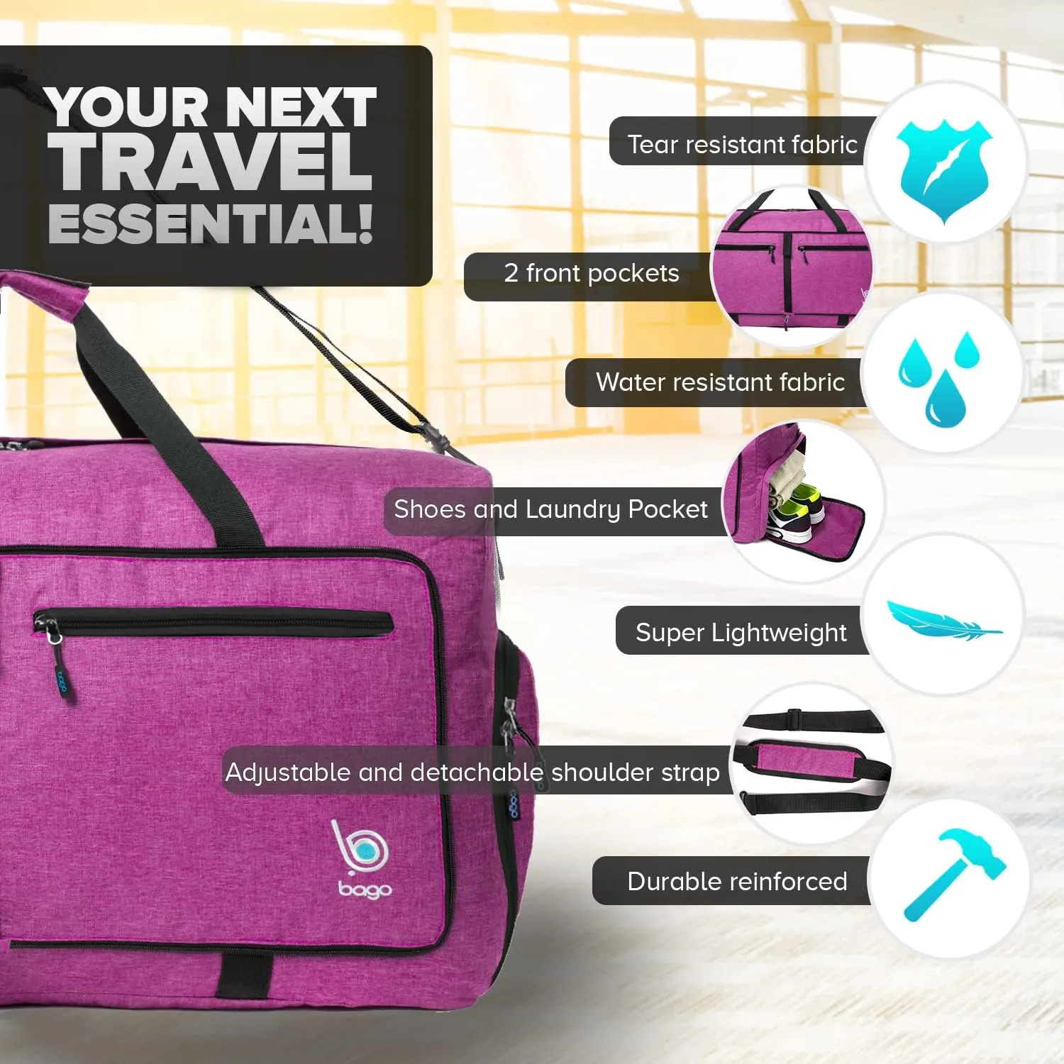 Bago Foldable Duffel Bags for Traveling Women & Men - 60L Medium Packable Duffle Bag for Travel with Shoe Compartment - Water Repellant, Heavy Duty, Lightweight Folding & Collapsible (SnowPink)