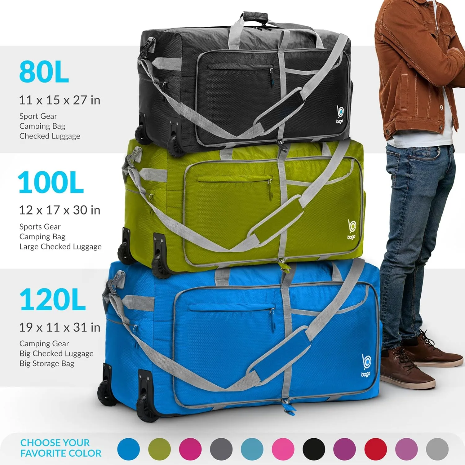 Bago Rolling Duffle Bag with Wheels - 27" 80L Foldable Weekender Bag, Waterproof Travel Duffel Bag, Heavy Duty lightWeight Duffle Bag for Traveling, Rolling Duffel Bag with Wheels (Black2023)
