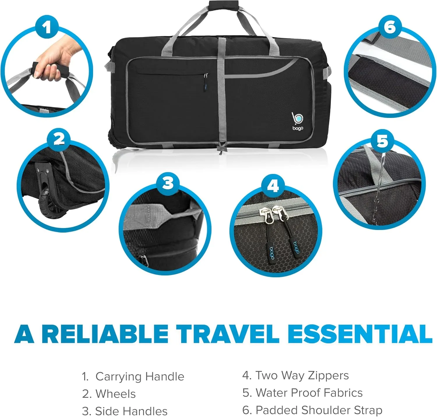 Bago Rolling Duffle Bag with Wheels - 27" 80L Foldable Weekender Bag, Waterproof Travel Duffel Bag, Heavy Duty lightWeight Duffle Bag for Traveling, Rolling Duffel Bag with Wheels (Black2023)
