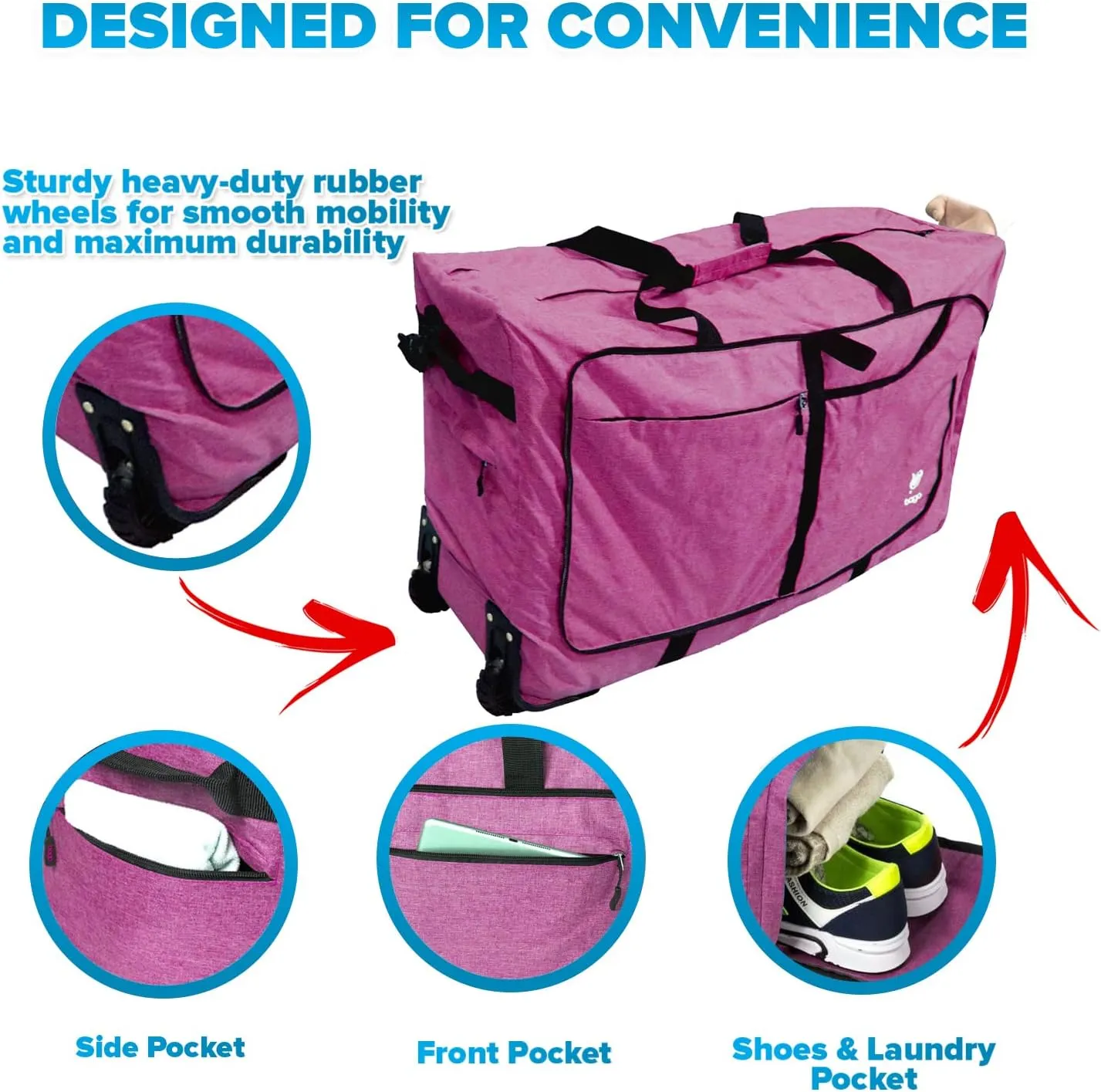 Bago Rolling Duffle Bag with Wheels - 27" 80L Foldable Weekender Bag, Waterproof Travel Duffel Bag, Heavy Duty lightWeight Duffle Bag for Traveling, Rolling Duffel Bag with Wheels (SnowPink)