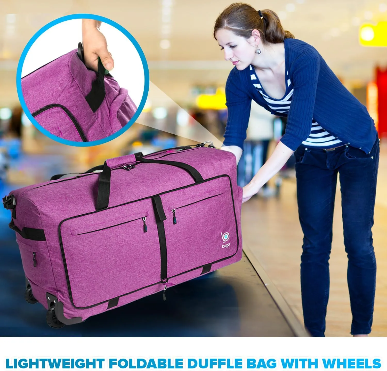 Bago Rolling Duffle Bag with Wheels - 27" 80L Foldable Weekender Bag, Waterproof Travel Duffel Bag, Heavy Duty lightWeight Duffle Bag for Traveling, Rolling Duffel Bag with Wheels (SnowPink)