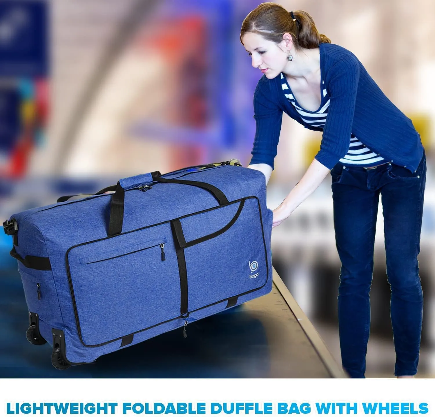 Bago Rolling Duffle Bag with Wheels - 30" 100L Foldable Weekender Bag, Waterproof Travel Duffel Bags, Heavy Duty lightWeight Duffle Bags for Traveling, Rolling Duffels with Wheels (SnowDepBlue)