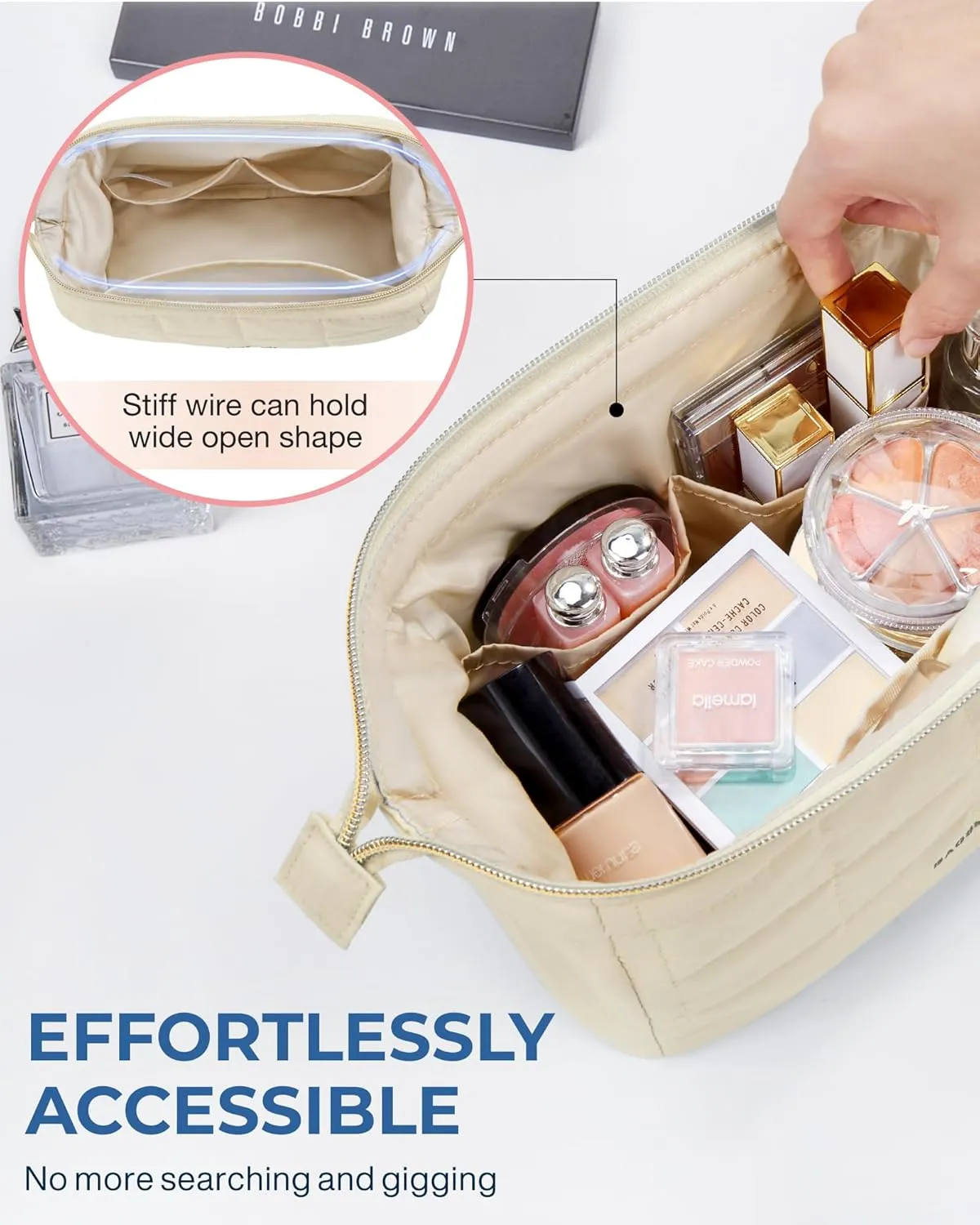 BAGSMART Makeup Bag Cosmetic Bag Wide Open, Beige, M, Wide-open Travel Makeup Bag With Puffy Padded and Rectangular Quilted