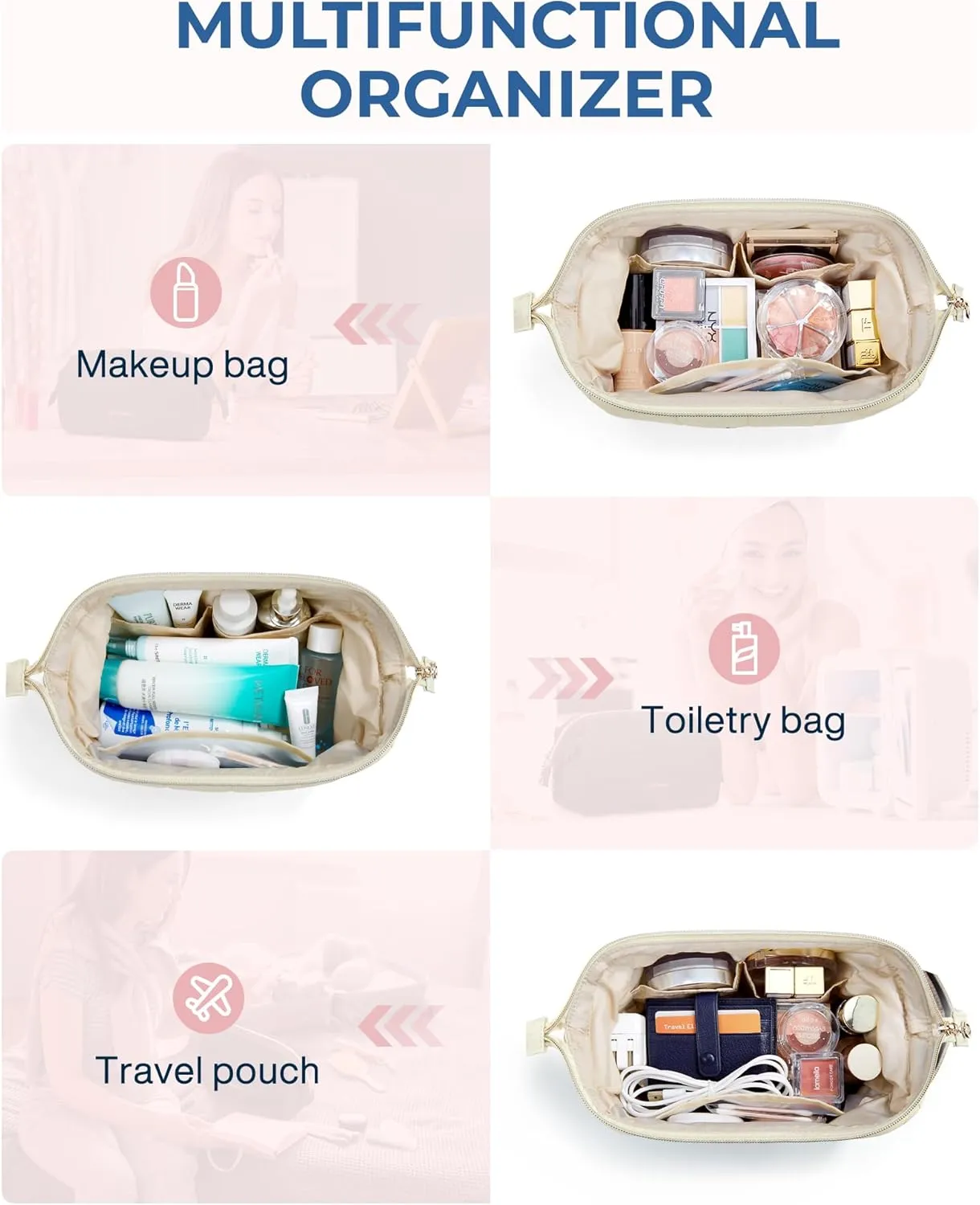BAGSMART Makeup Bag Cosmetic Bag Wide Open, Beige, M, Wide-open Travel Makeup Bag With Puffy Padded and Rectangular Quilted