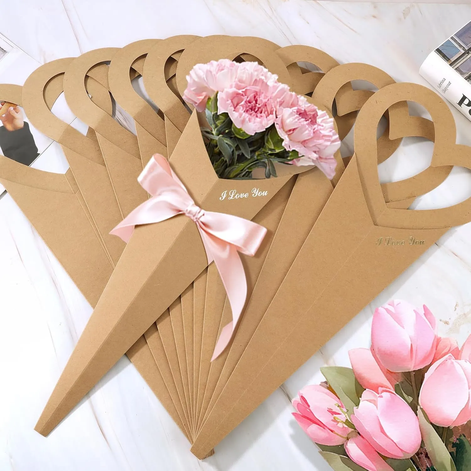Bakbania Flower Bouquet Bags 20 Pcs Single Flower Paper Sleeves Love Floral Wrapping Gift Boxes 18.5x7.1 Inch Floral Gift Bags for Florist Packaging Supplies