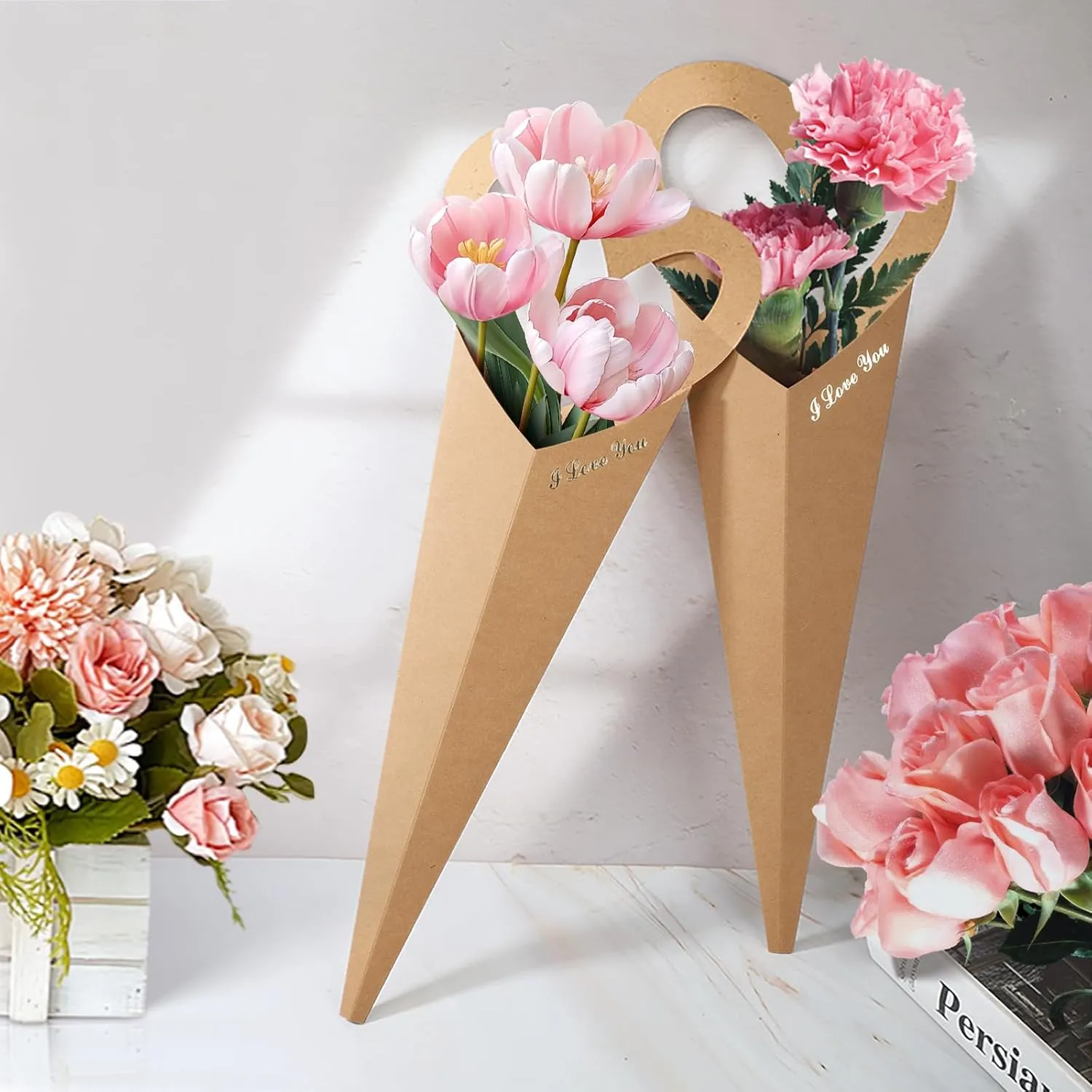 Bakbania Flower Bouquet Bags 20 Pcs Single Flower Paper Sleeves Love Floral Wrapping Gift Boxes 18.5x7.1 Inch Floral Gift Bags for Florist Packaging Supplies