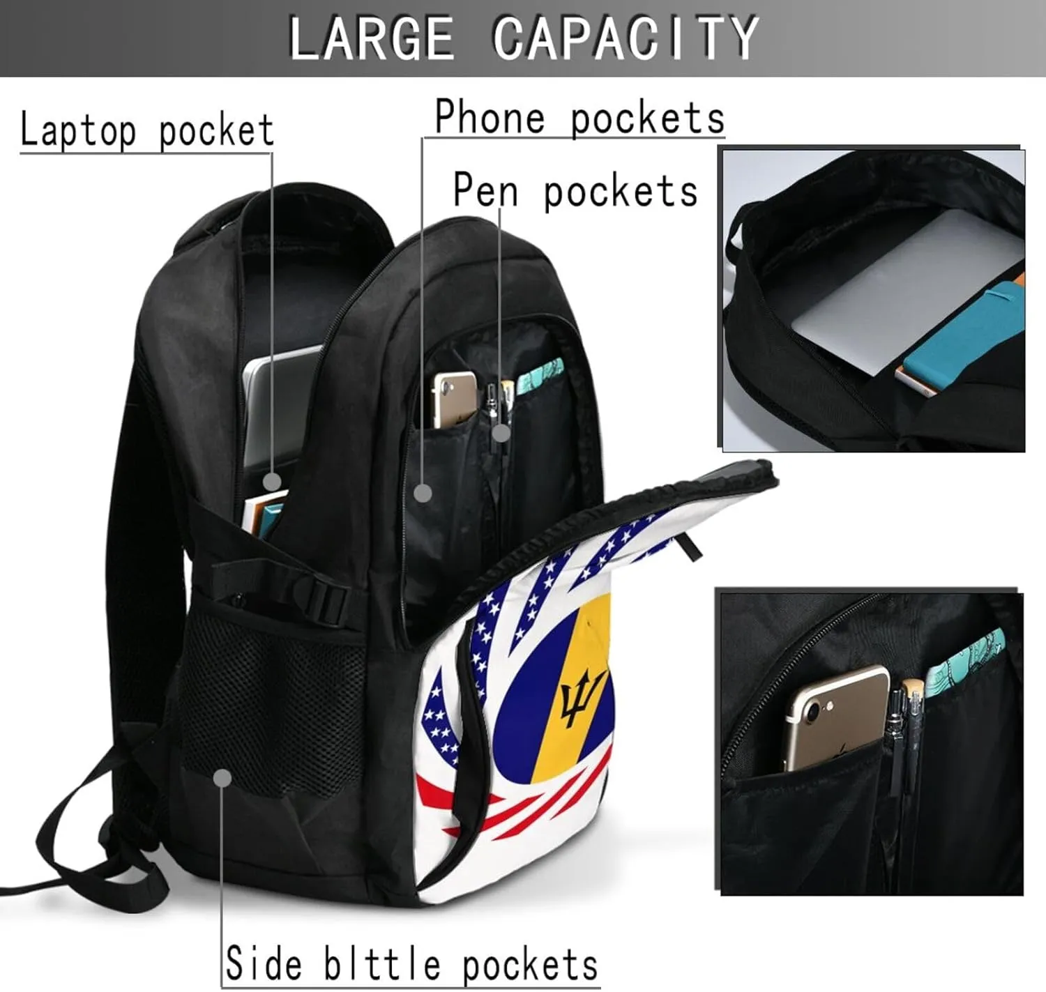 Barbadian American Flag Casual Travel Backpacks Hiking Camping Backpack Large Outdoor Sport Daypack Laptop Rucksack Climbing Working Bags with USB Port