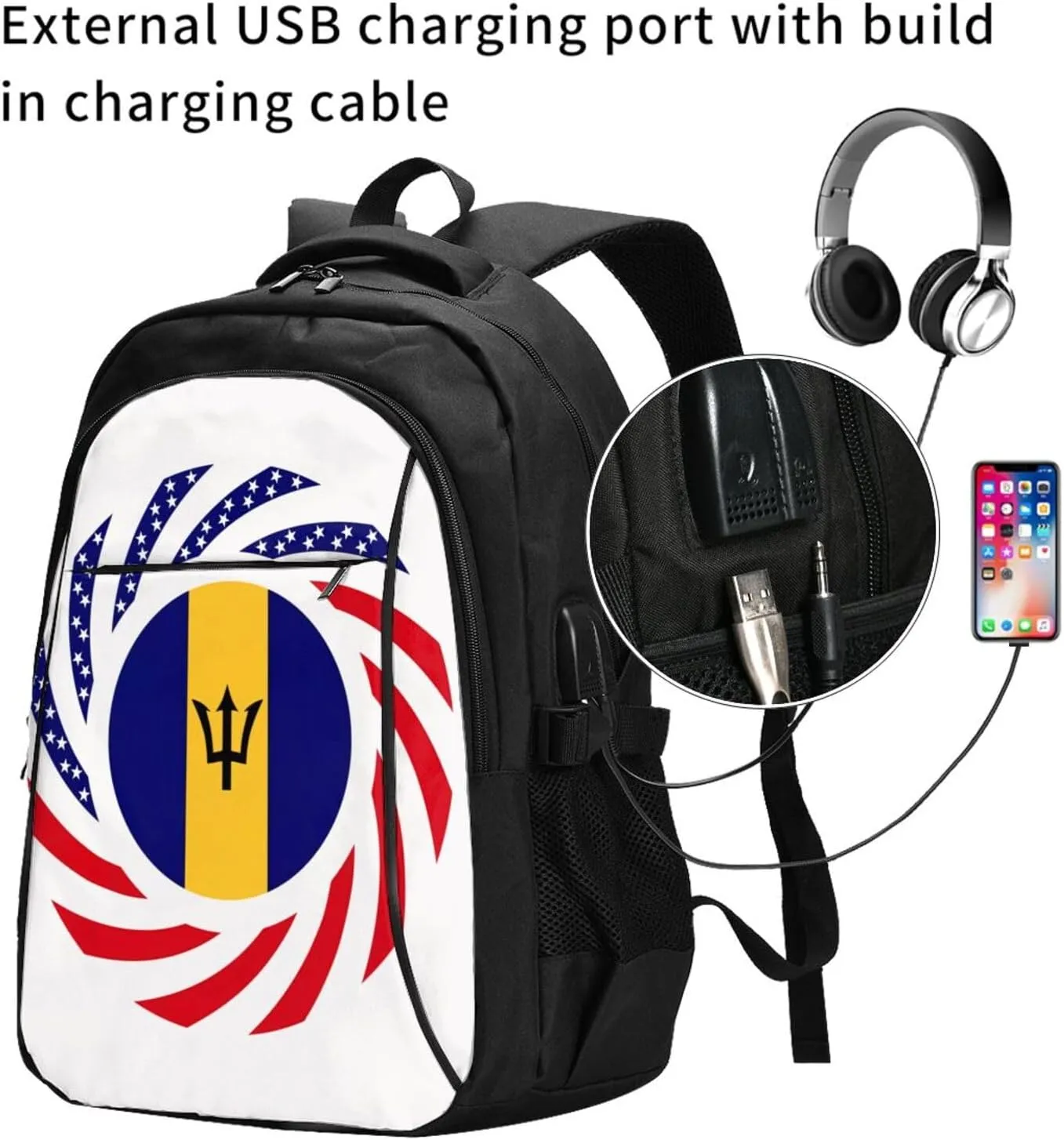 Barbadian American Flag Casual Travel Backpacks Hiking Camping Backpack Large Outdoor Sport Daypack Laptop Rucksack Climbing Working Bags with USB Port