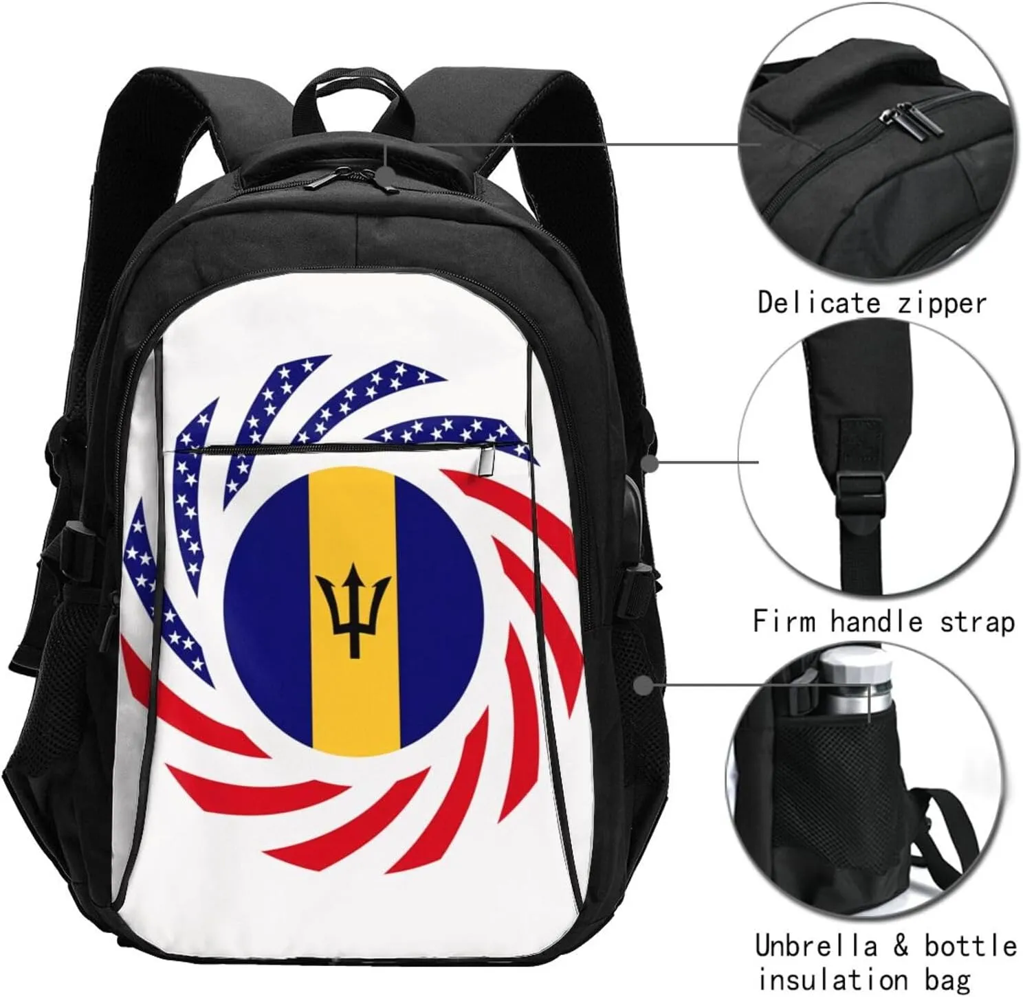 Barbadian American Flag Casual Travel Backpacks Hiking Camping Backpack Large Outdoor Sport Daypack Laptop Rucksack Climbing Working Bags with USB Port