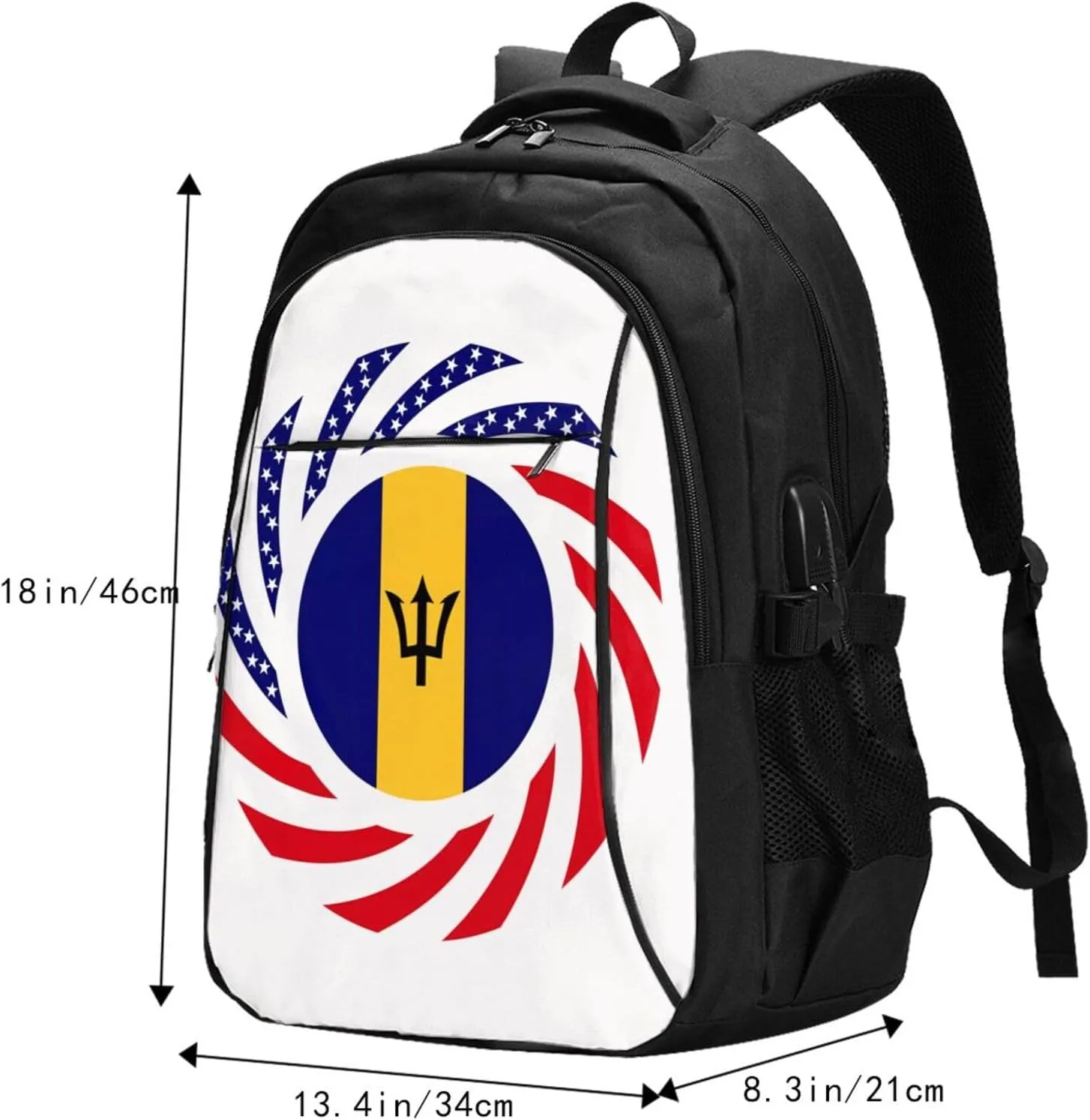 Barbadian American Flag Casual Travel Backpacks Hiking Camping Backpack Large Outdoor Sport Daypack Laptop Rucksack Climbing Working Bags with USB Port