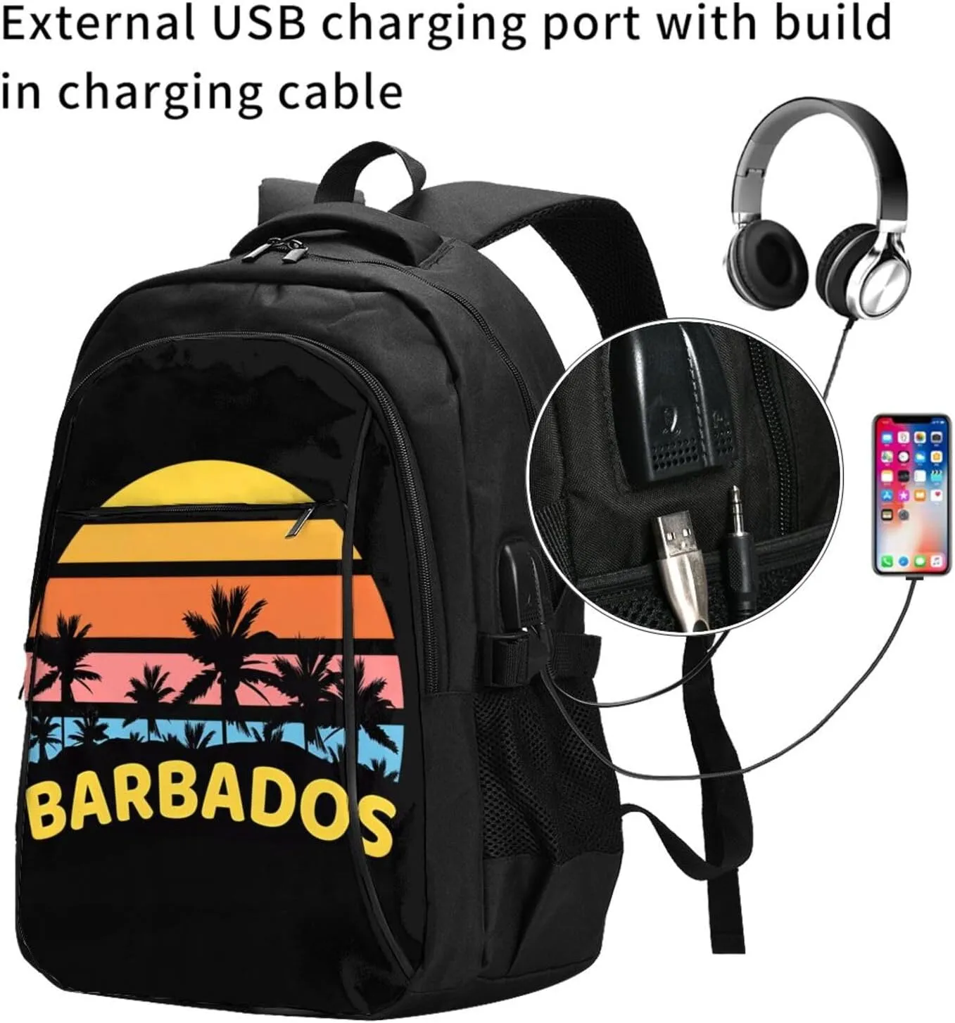 Barbados Waves Sun Holiday Casual Travel Backpacks Hiking Camping Backpack Large Outdoor Sport Daypack Laptop Rucksack Climbing Working Bags with USB Port
