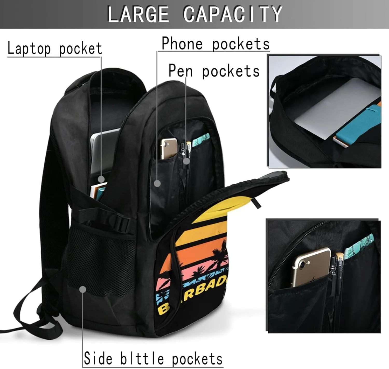 Barbados Waves Sun Holiday Casual Travel Backpacks Hiking Camping Backpack Large Outdoor Sport Daypack Laptop Rucksack Climbing Working Bags with USB Port