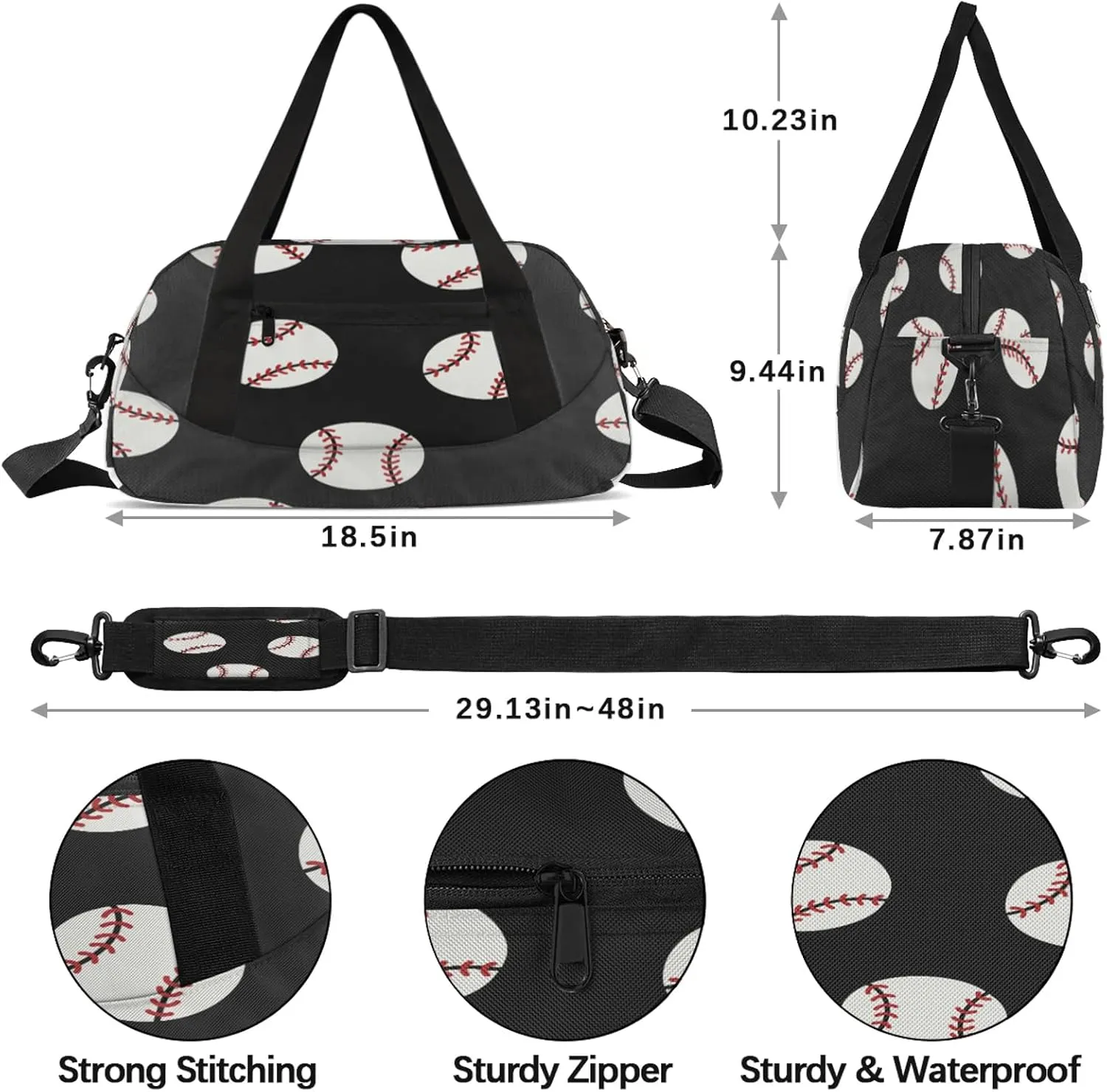 Baseball Ball Print Kids Duffel Bag Lightweight Waterproof Sports Gym Bag with Front Zipper Pocket Foldable Weekender Overnight Bag for School Practice Gymnastic Ballet