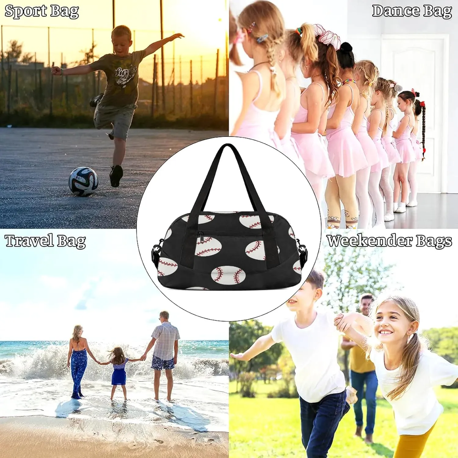 Baseball Ball Print Kids Duffel Bag Lightweight Waterproof Sports Gym Bag with Front Zipper Pocket Foldable Weekender Overnight Bag for School Practice Gymnastic Ballet