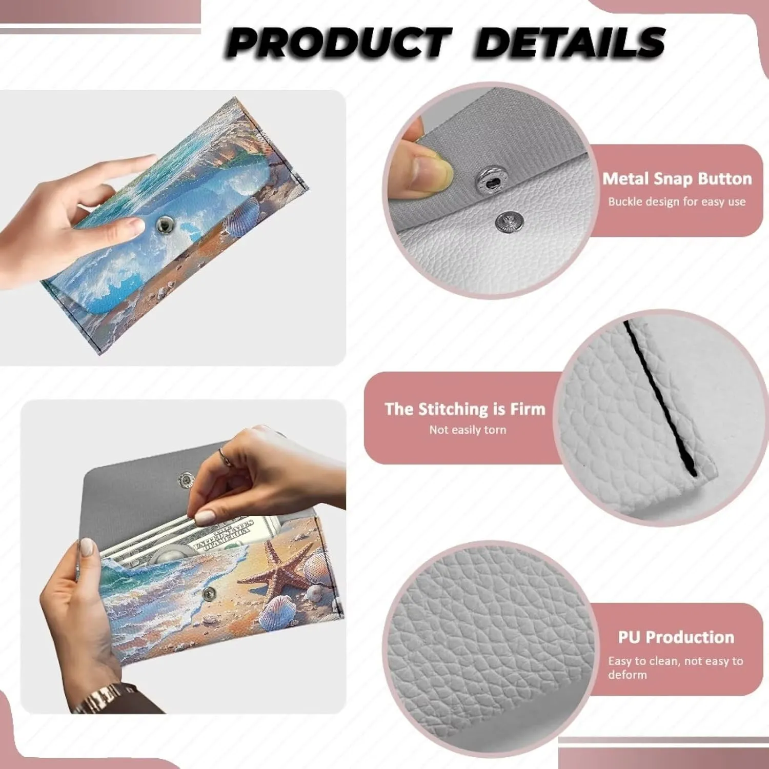 Beach Stylish PU Leather Billfold Wallet for Women Men Travel Wallet Long Coin Purse Clutch Bag Slim Long Billfold Clutch Wallets Case Portable Travel Bag